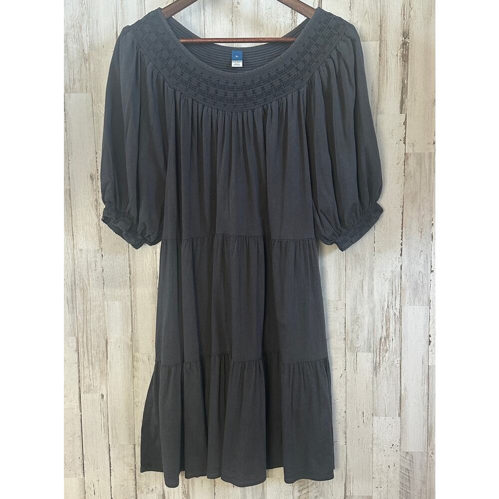 Old Navy Tiered Smocked Midi Dress XL Gray Puff Sleeve Whimsygoth Boho Beach EUC
